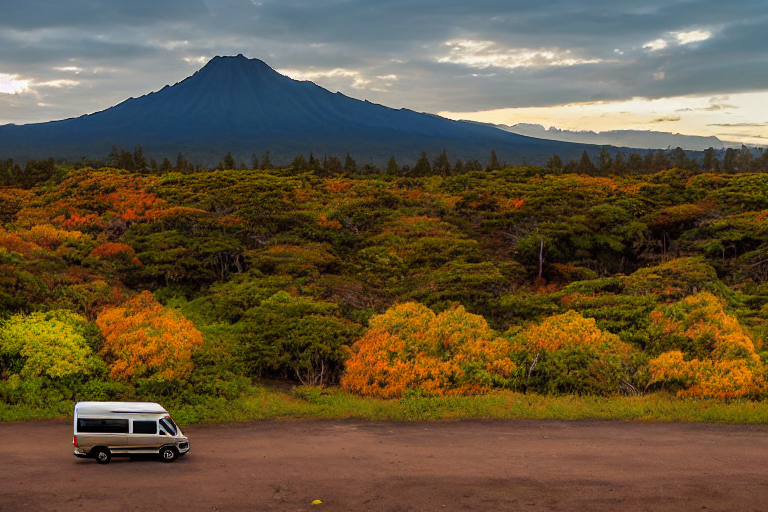 A blue camper van rests on a paved campsite in Hawaii as the sun sets behind the mountains. Small trees with bright fall colors surround a quiet dirt patch, while soft clouds fill the sky.
