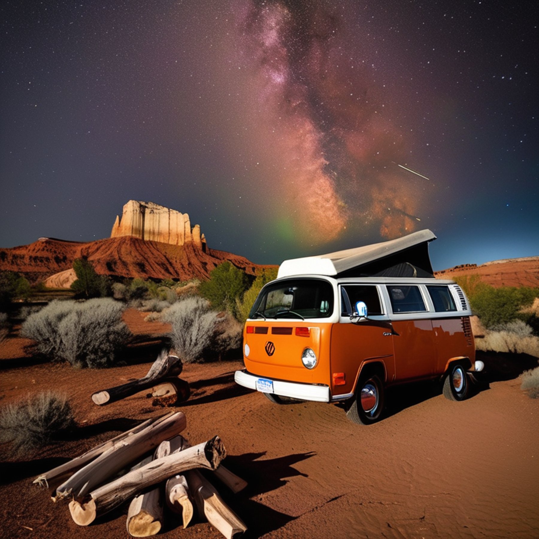 A cozy orange and gray camper van rests among the rocks of Capitol Reef beneath glowing northern lights. Mountains rise in the distance, while a campfire warms the quiet night beside a large log.