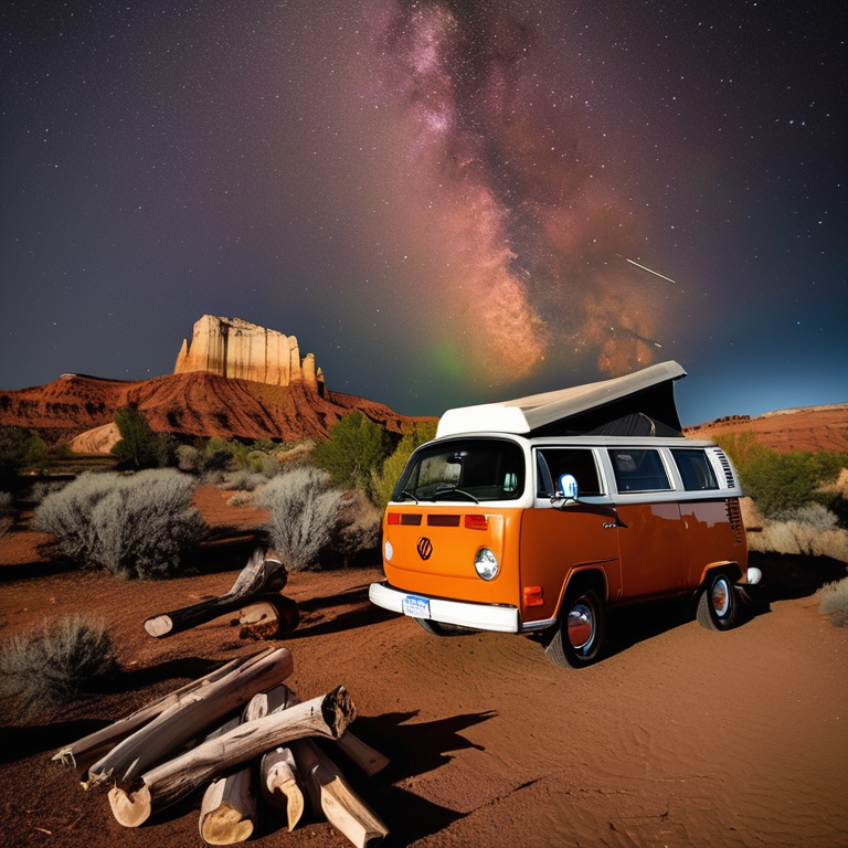 A cozy orange and gray camper van rests among the rocks of Capitol Reef beneath glowing northern lights. Mountains rise in the distance, while a campfire warms the quiet night beside a large log.