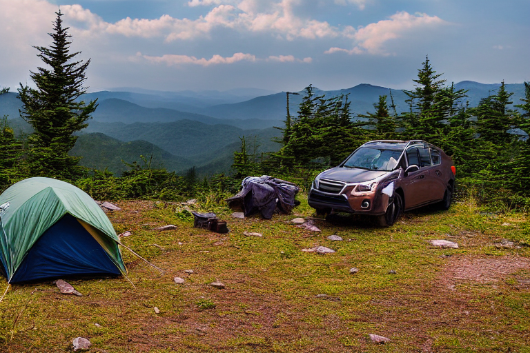 A cozy tan Subaru rests at a quiet dirt campsite beneath bright green northern lights. Tall Smoky Mountain peaks rise in the distance, while fallen leaves and camping gear add a warm, adventurous feel.