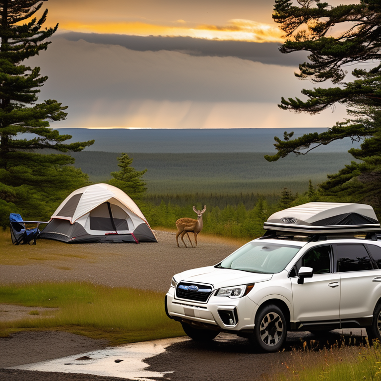 A white Subaru with its rooftop tent open rests at a quiet campsite in Acadia National Park. Tall grass, a dirt patch, and camping chairs surround the car, while a deer stands in the distance. Soft rain gives the scene a calm, peaceful feeling.
