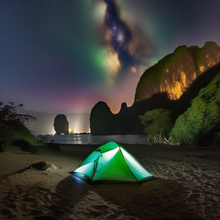 A cozy tent rests beside a small stream on a quiet campsite in Halong Bay. Above the rocky shore, bright green auroras glow across the clear night sky, creating a magical scene.