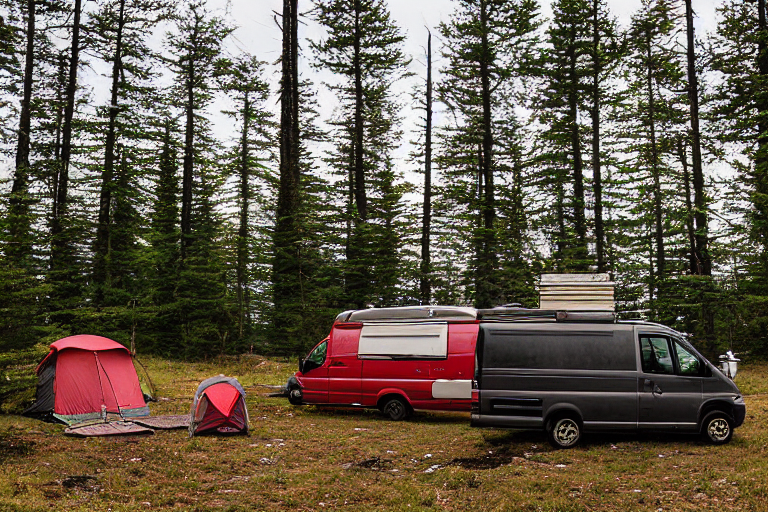 A red camper van rests on a quiet dirt campsite beneath a clear night sky. A guitar and camping gear sit near the large stone slabs, while a deer watches from the distance.