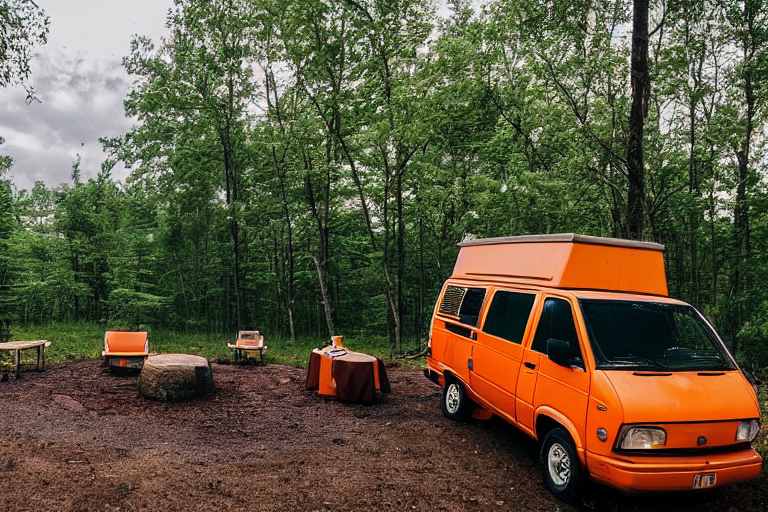 Three bright orange vans sit on a rocky, paved campsite in rainy upstate New York. A warm campfire glows nearby while deer watch from the distant forest.