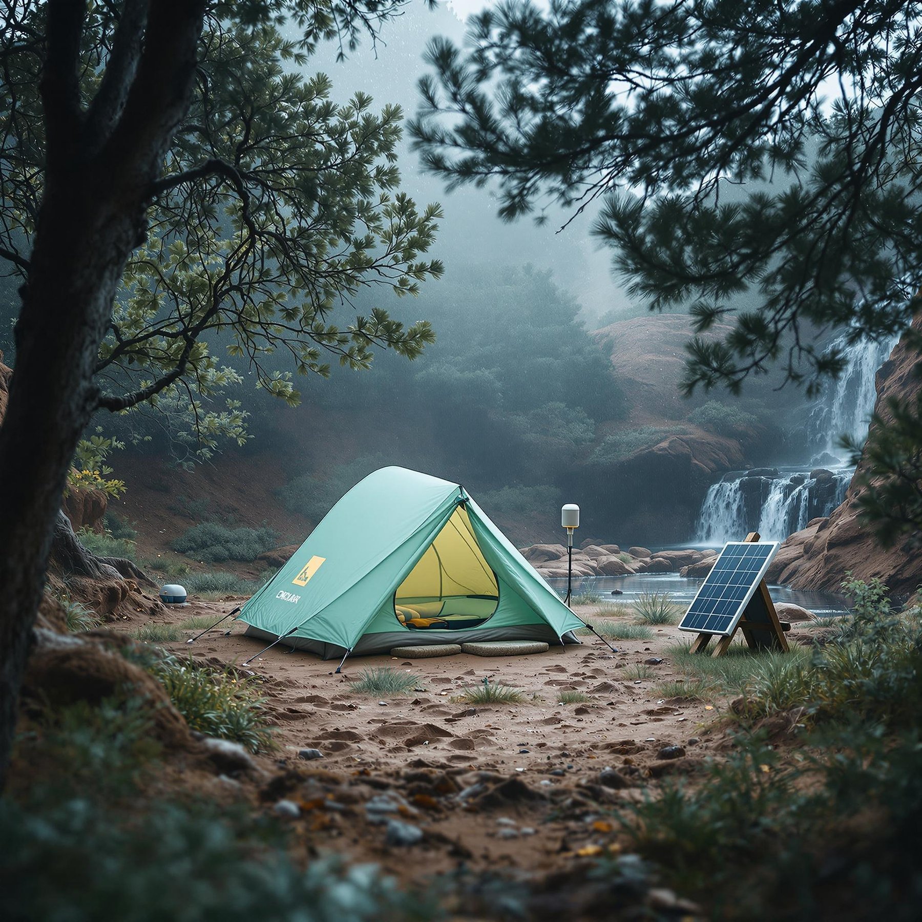 A cozy green tent sits peacefully by a waterfall in the misty forest. The air feels fresh and quiet, with only the sound of water splashing below. Nearby, a solar panel quietly soaks up sunlight, ready for adventure.