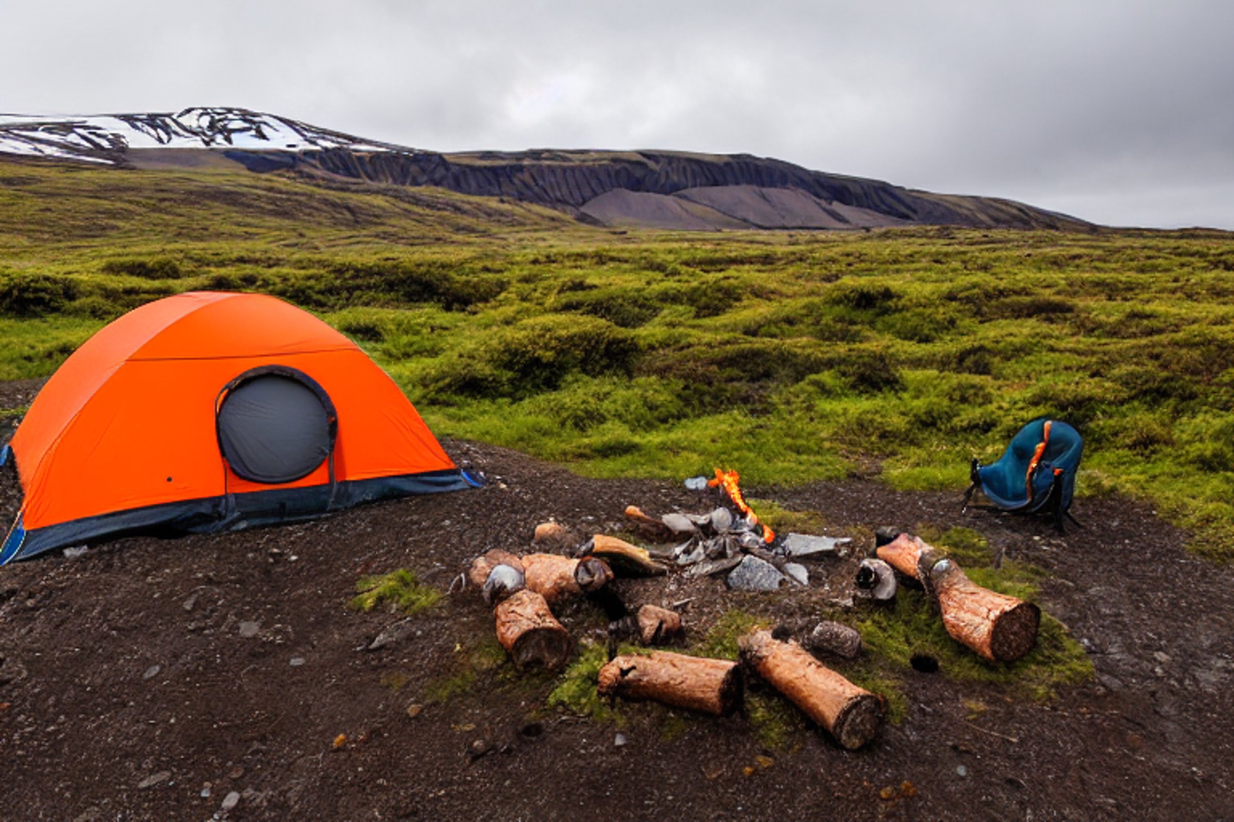 A gray and orange tent rests on a dirt campsite in Iceland as the sun rises through the rain. A warm campfire burns among the logs, with hikers and a backpack nearby. Berry-covered bushes and a wide, wild landscape surround the cozy camp.