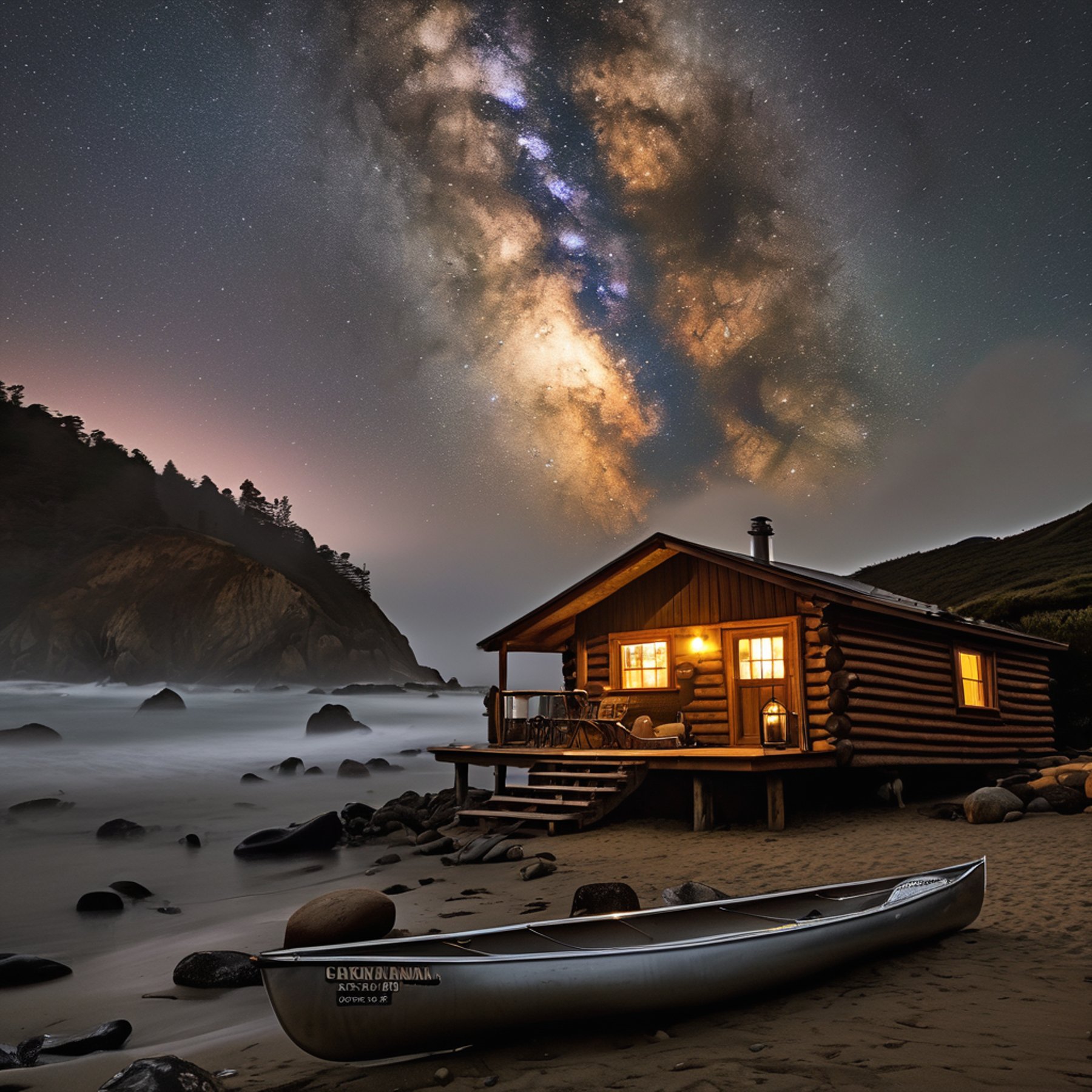 A cozy brown cabin glows beside a crackling campfire on the rainy Big Sur shore. Seen from a canoe, the campsite is framed by large boulders, a log, and a mug, while a thin crescent moon shines overhead.