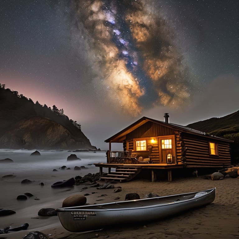 A cozy brown cabin glows beside a crackling campfire on the rainy Big Sur shore. Seen from a canoe, the campsite is framed by large boulders, a log, and a mug, while a thin crescent moon shines overhead.