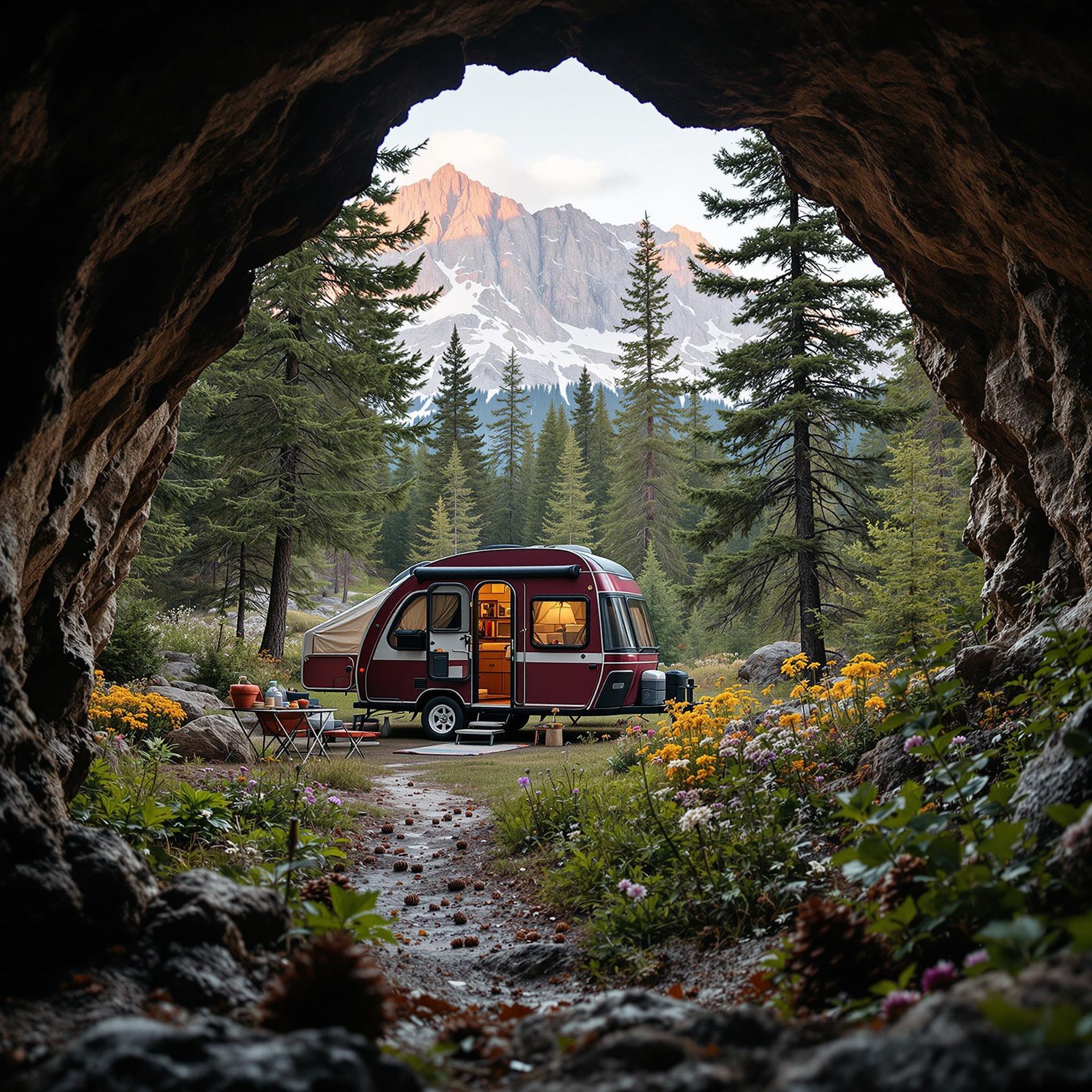 Step out of a cozy camper and explore a quiet forest filled with tall pine trees and colorful wildflowers. This campsite sits near a cave with mountains in the background. It’s a peaceful spot perfect for adventure and relaxing in nature.