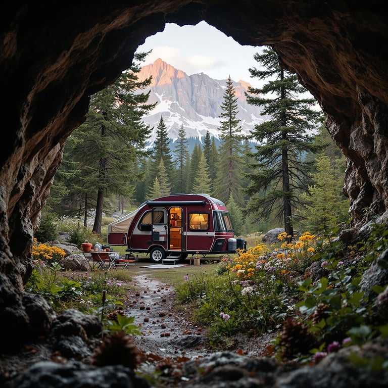 Step out of a cozy camper and explore a quiet forest filled with tall pine trees and colorful wildflowers. This campsite sits near a cave with mountains in the background. It’s a peaceful spot perfect for adventure and relaxing in nature.