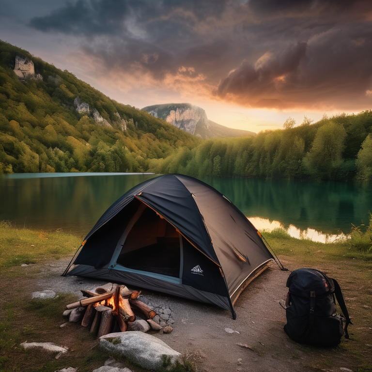A black tent rests on a dirt campsite in Plitvice Lakes National Park as stormy skies glow with sunrise. A small campfire burns among stone rings, with a backpack nearby and mountains rising in the distance.