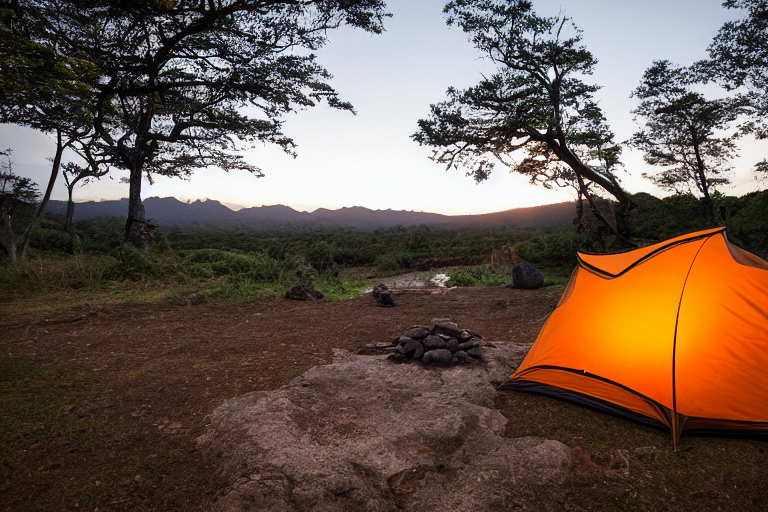 A cozy tan tent rests on a paved campsite beneath a star-filled Hawaiian sky. Large stone slabs, fallen leaves, and a dirt trail surround the camp, while clothes hang on a nearby line.