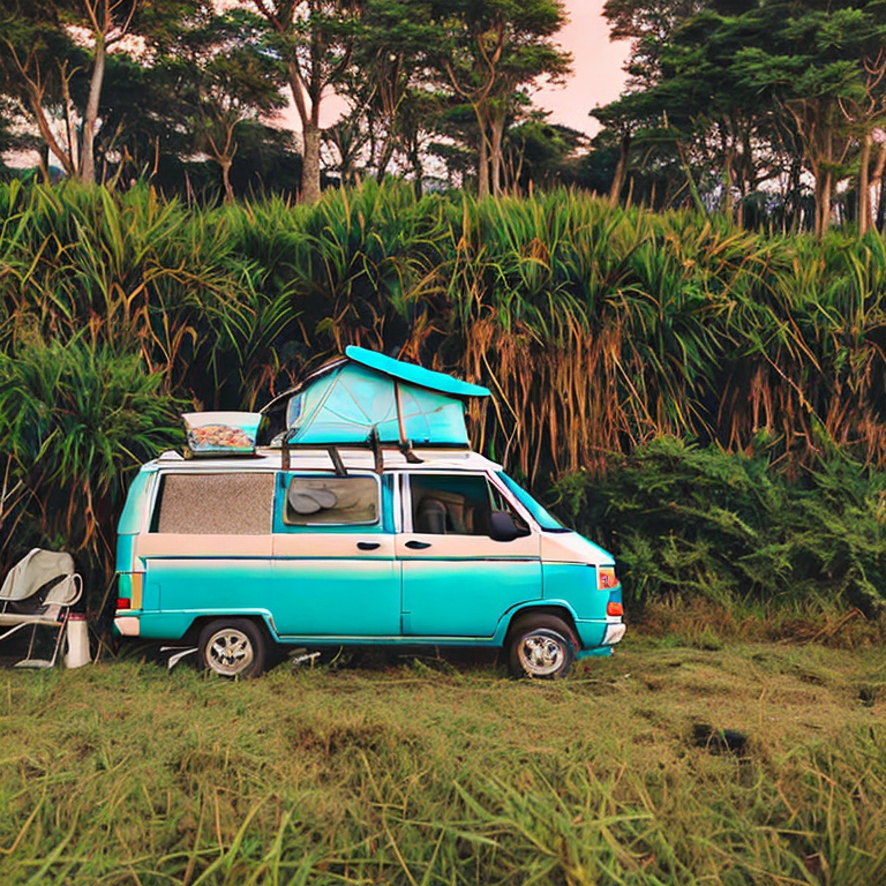 A teal VW campervan rests at a peaceful campsite in Halong Bay, Vietnam. Tall grass and ferns surround a small dirt patch with camping chairs, while young trees add a cozy touch. The clear sunset sky fills the scene with warm, golden light.
