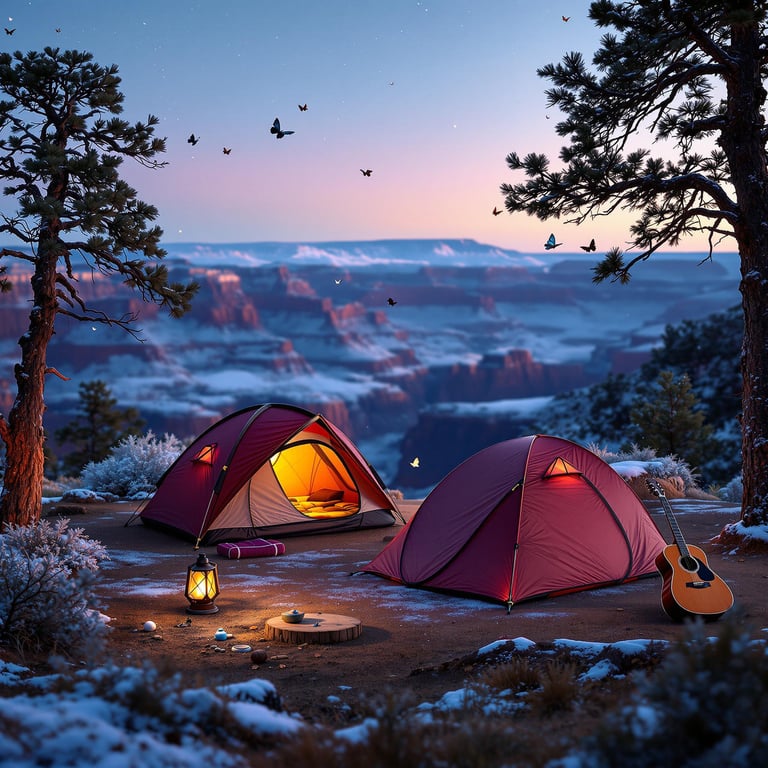 A burgundy tent rests among snowy rocks at the Grand Canyon beneath a clear sky. A lantern and wooden guitar sit nearby, while butterflies flutter around the quiet campsite.