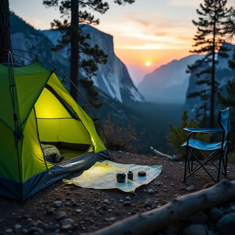 A bright lime green tent rests among gravel patches in Yosemite. Fog drifts around the campsite as the sun sets behind the mountains. Inside, a flashlight lights up a map and compass beside a cozy camping chair.