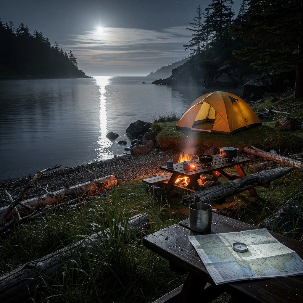 A quiet seaside cove glows under a bright full moon, with silver light shining on the calm water. On the wet, grassy shore, a mustard-yellow tent sits near a small campfire that flickers warm and sends up a thin ribbon of smoke. Driftwood and misty drizzle make the night feel cool and secret, like a hidden place only you can find.
