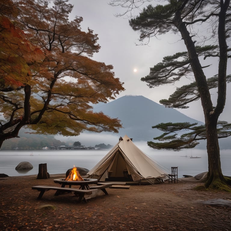 A white tent rests among misty trees in Miyajima, Japan. A small campfire and picnic table create a cozy feeling, while a deer wanders in the distance. Snow covers the far mountain peak beneath the cloudy sky.