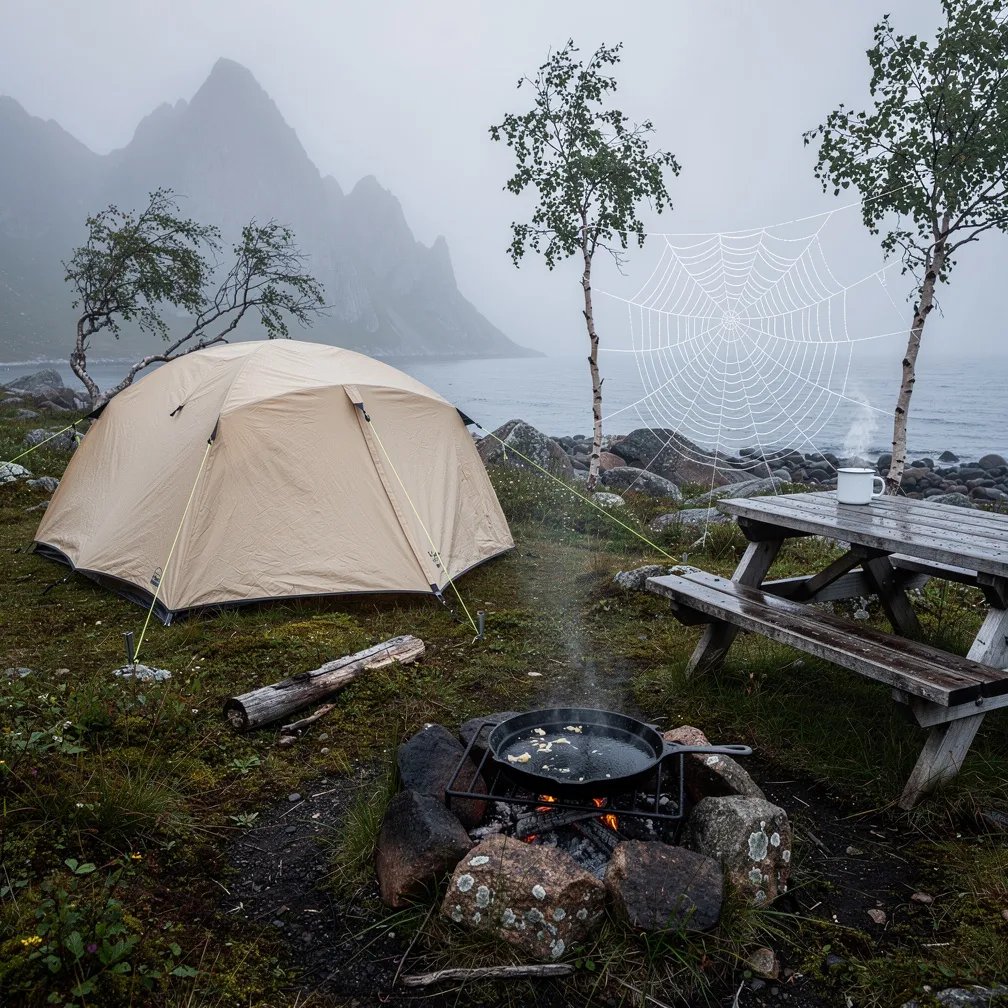 A quiet tent sits on soft, mossy ground by dark granite rocks and small birch trees. Sea fog drifts in after the storm, making everything feel calm and hushed. Dew sparkles on a tiny spider web, and a skillet warms over a small fire with thin smoke curling into the gray dawn.