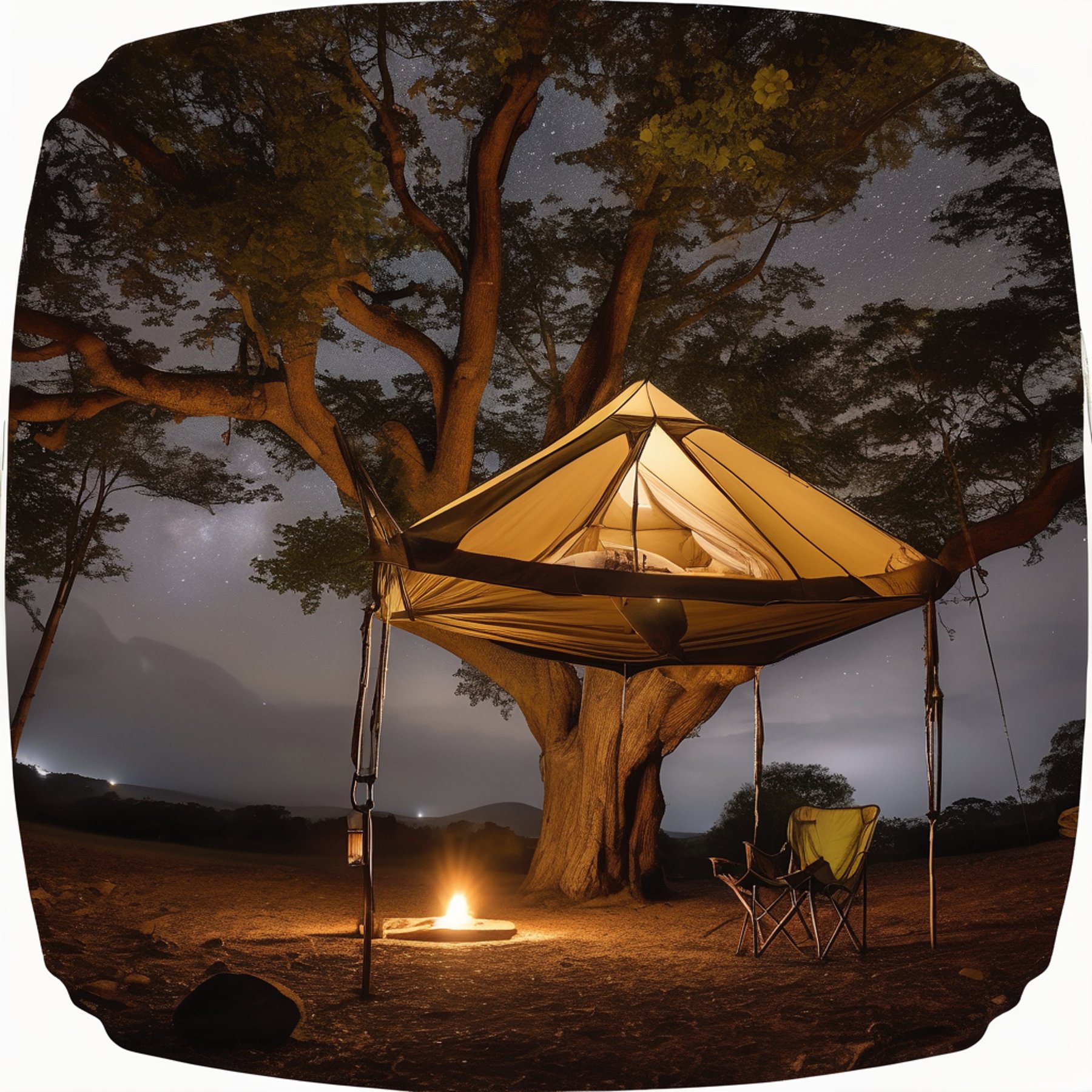 A cozy tan tree tent glows softly in a quiet grove at night. Camping chairs sit on the dirt beside large flat stones, while a tiny hummingbird hovers near a flower.