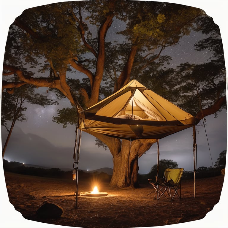 A cozy tan tree tent glows softly in a quiet grove at night. Camping chairs sit on the dirt beside large flat stones, while a tiny hummingbird hovers near a flower.