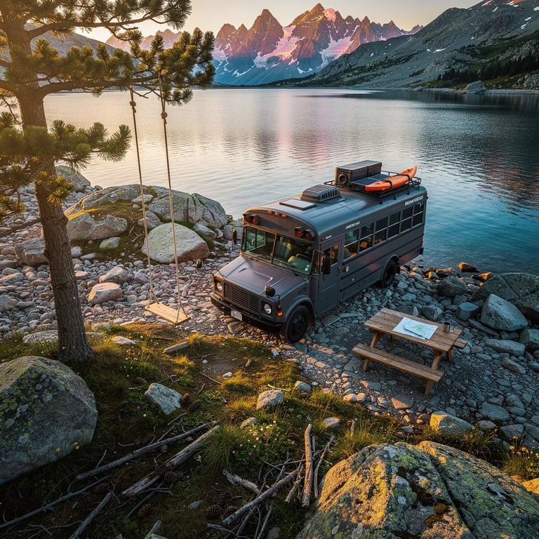 A quiet glacial lake sits in a rocky alpine valley, shining slate-blue under warm late-day light. Near the shore, a dark gray bus is parked by a weathered picnic table. A rope swing hangs from a strong pine tree, ready for a brave jump. Snowy peaks glow in the distance, making the whole place feel calm and wild.