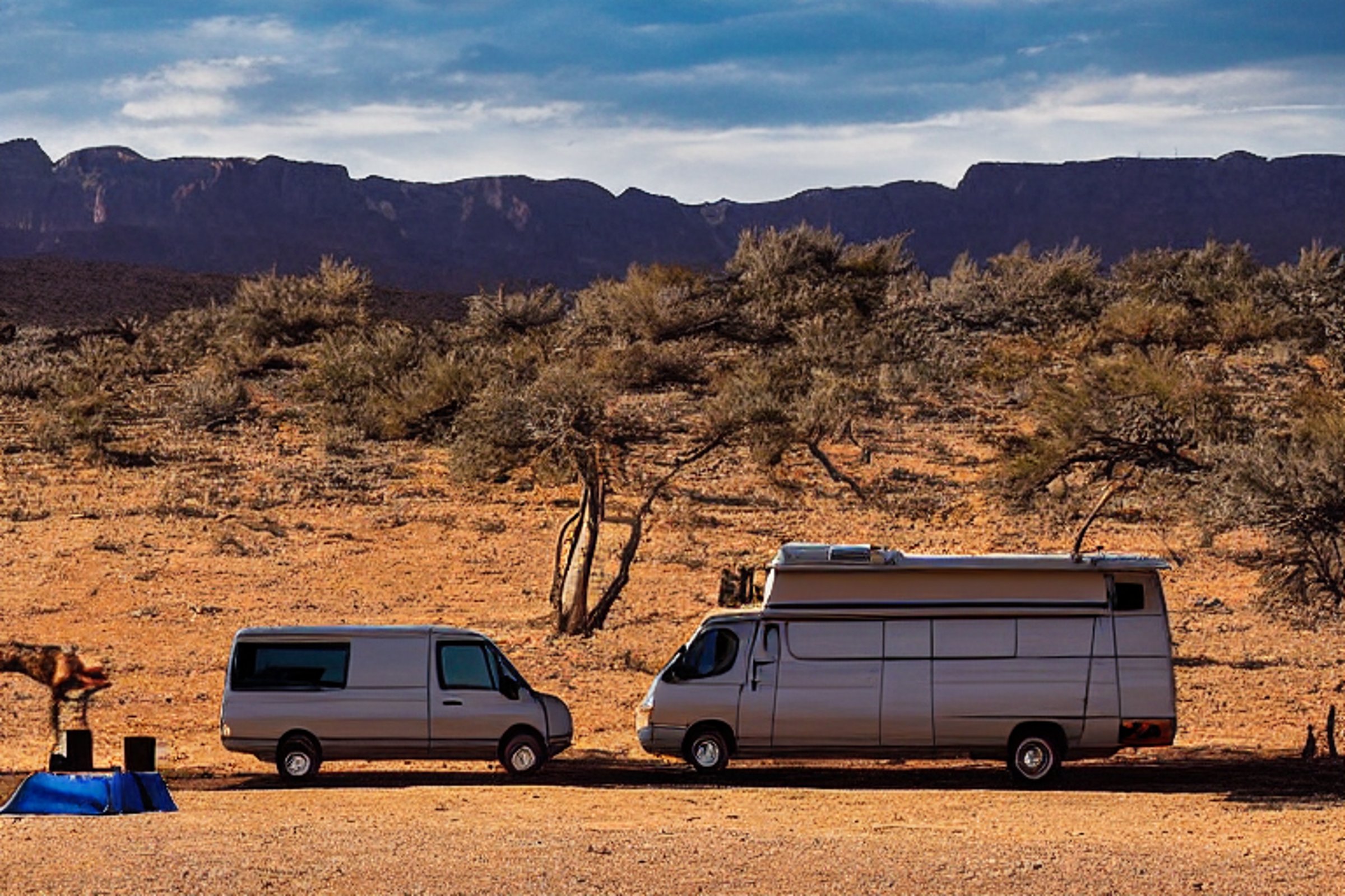A tan camper van rests in a snowy New Mexico desert at sunrise. A large rock and winding hiking path frame the cozy campsite, while a small campfire glows nearby and deer wander in the distance.