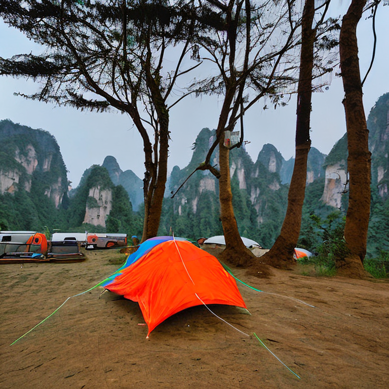 A colorful tent rests on a rocky dirt campsite beneath the cloudy night sky in Zhangjiajie, China. Small trees surround the camp, while clothes hang from a nearby line. Stones scatter across the ground, adding to the quiet, rugged feel.