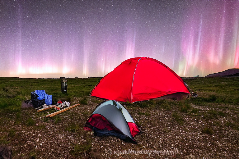 Two red and white tents sit beneath glowing green northern lights on the open Idaho plains. A warm campfire lights the foggy campsite, with chairs, camping gear, a backpack, and a wooden guitar nearby.