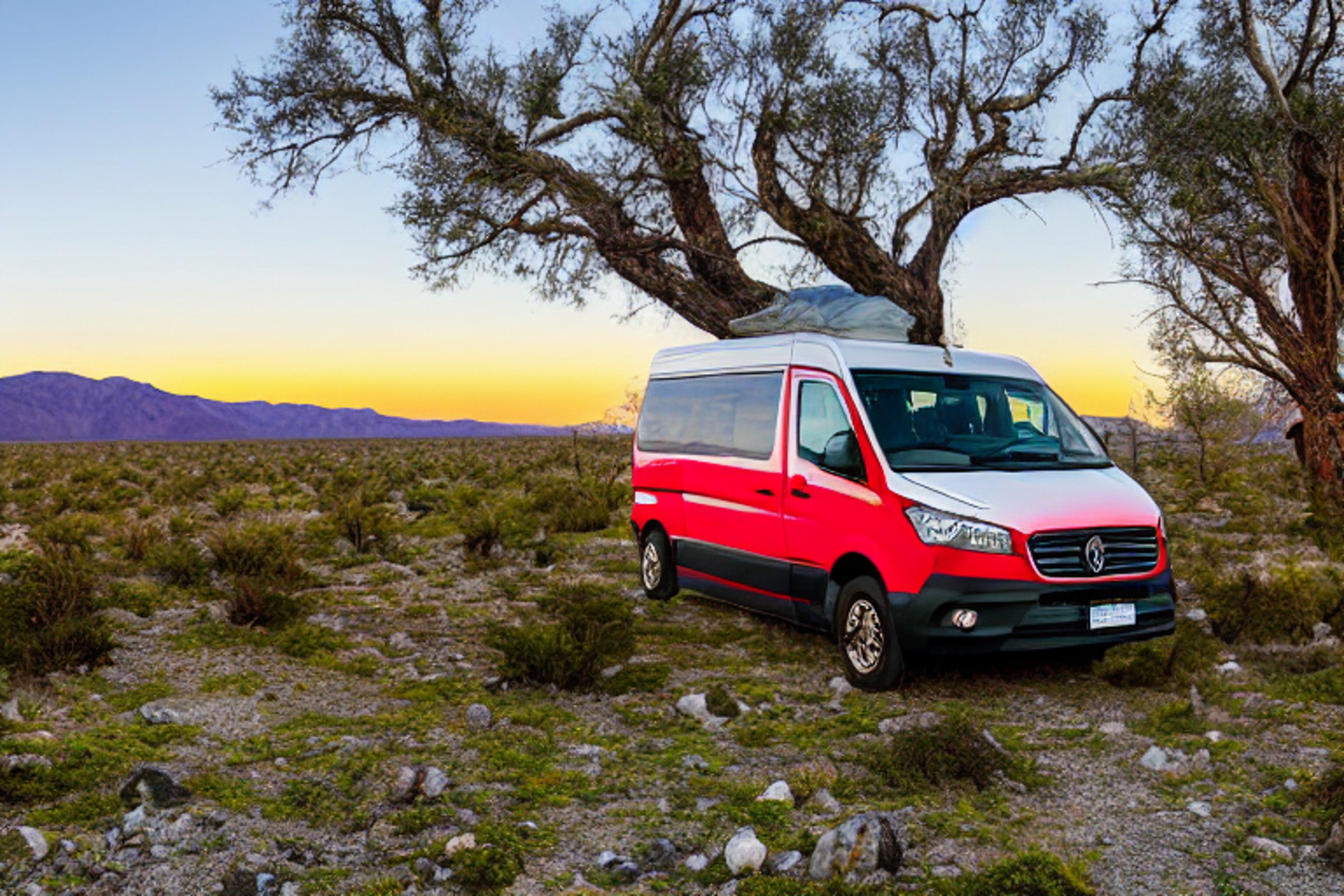A red-and-white camper van rests at a quiet campsite in Death Valley as the sun sets. Stones, fallen leaves, and a box of camping gear sit around the dirt clearing beneath a clear sky.