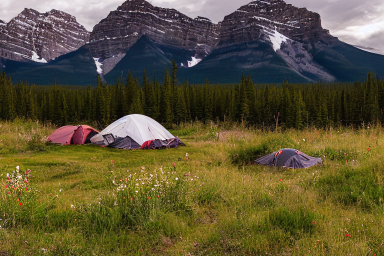 A brown tent rests on a dirt campsite in Banff National Park as a stormy sunset colors the sky. Camping chairs sit nearby, surrounded by berry bushes and small wildflowers.