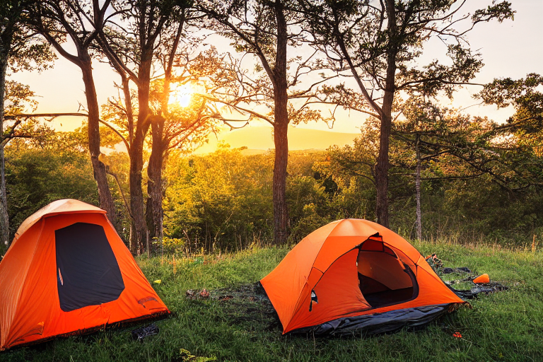 An orange Subaru with its rooftop tent open rests in a sunny campsite in Upstate New York. A campfire warms the dirt clearing as rolling hills glow beneath the clear sunset sky. Tall grass, berry bushes, and a hammock tied between trees add to the peaceful setting.