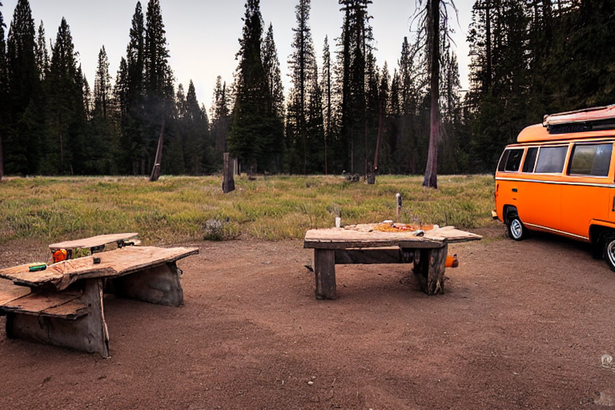 An orange campervan rests at a peaceful campsite in Yosemite as the sun sets through the fog. Camping chairs and a picnic table sit nearby, with a wooden guitar on the dirt.