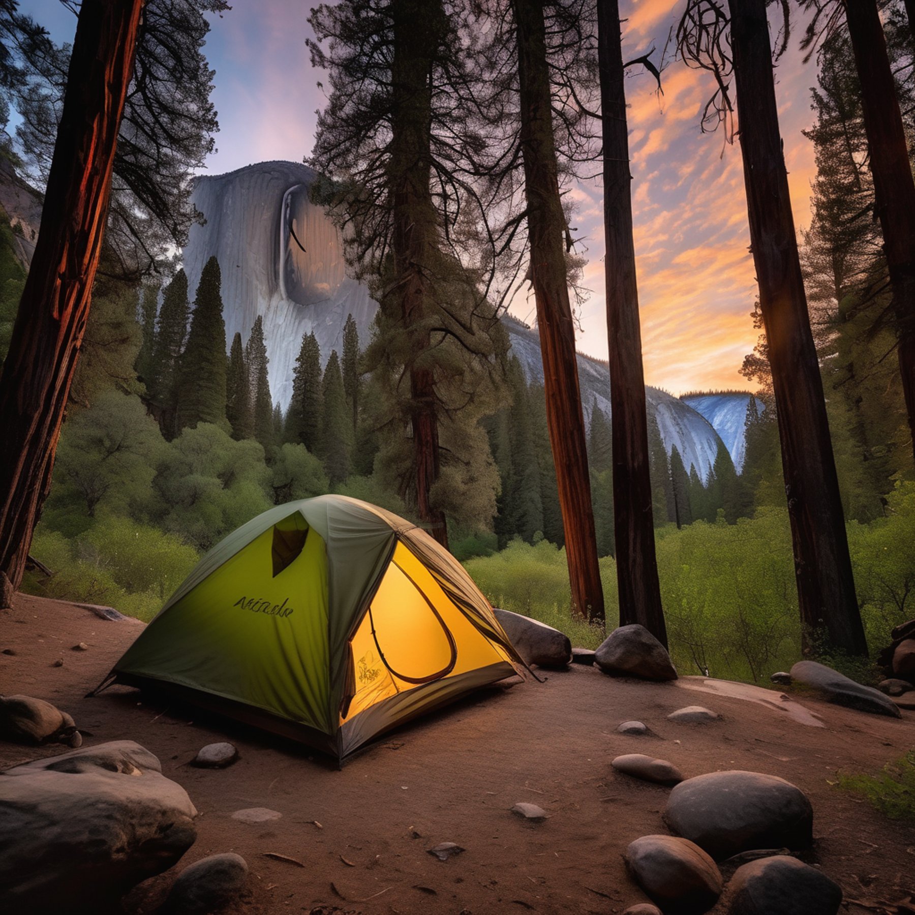 A green and tan tent rests among the rocks of Yosemite at twilight. A backpack, animal tracks, and a berry-covered bush add to the peaceful camp. Mist from a nearby waterfall creates a cool, breezy view.