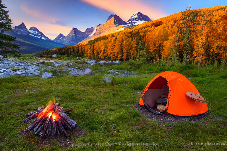An orange tent rests beside a warm campfire on a mossy, rainy forest floor. Autumn trees frame the camp, with tall mountains rising in the distance and a wooden guitar resting near a large log.
