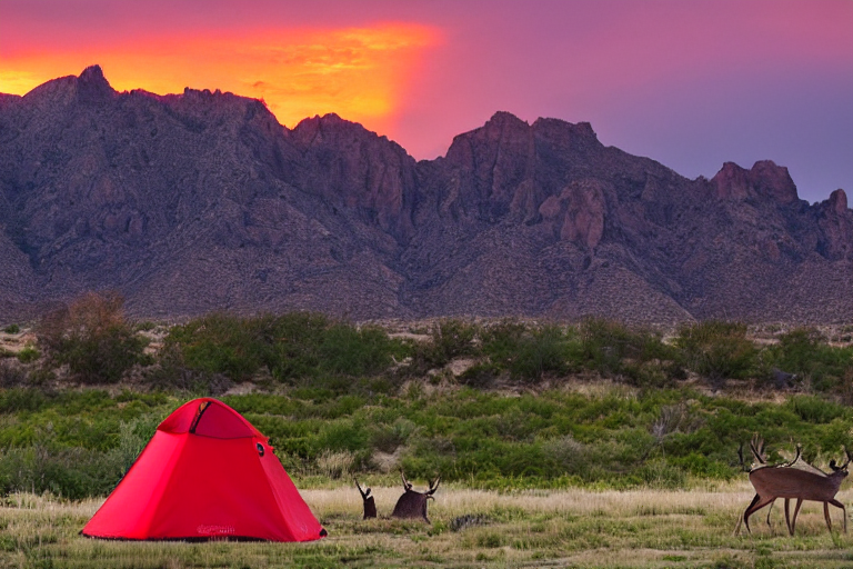 A bright red tent rests among rocky New Mexico desert boulders as rain falls at sunrise. Deer wander in the foreground, with tall mountains rising in the misty distance.