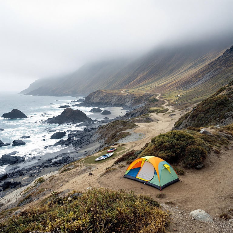 A colorful tent sits near the edge of a rugged cliff, overlooking the crashing waves below. Misty clouds hug the distant mountains, creating a peaceful and cozy atmosphere. Kayaks rest on the shore, ready for a seaside adventure.