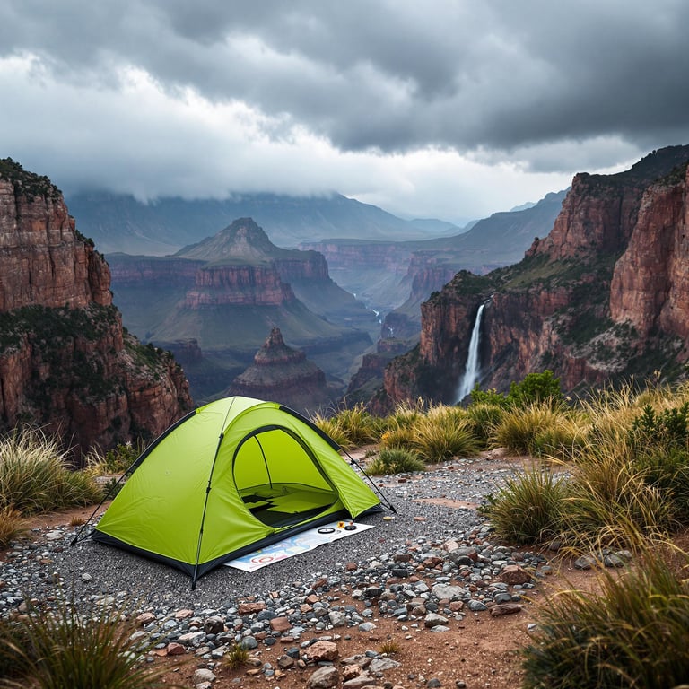 A bright lime green tent rests among tall grass and rocky gravel near the Grand Canyon. Dark storm clouds gather over the cliffs, where a waterfall tumbles down the mountain. A map and compass sit nearby, ready for adventure.