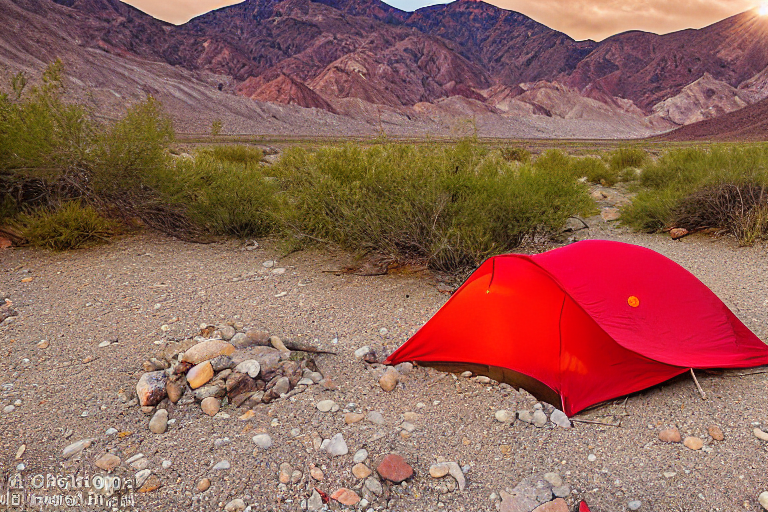 A bright red tent rests beside a crackling campfire in the rocky landscape of Death Valley. A small stream winds through the campsite as hikers explore the sunny, golden hills.