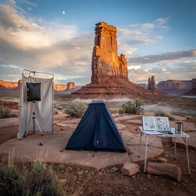 A navy blue bivy sits on smooth red rock beside a tall sandstone fin, looking out over a wide desert valley. Soft evening light warms the cliffs while cool blue sky and a faint moon hang above broken clouds. A little mist curls through low washes, and a small table with a field guide and metal mug makes the camp feel calm and cozy.