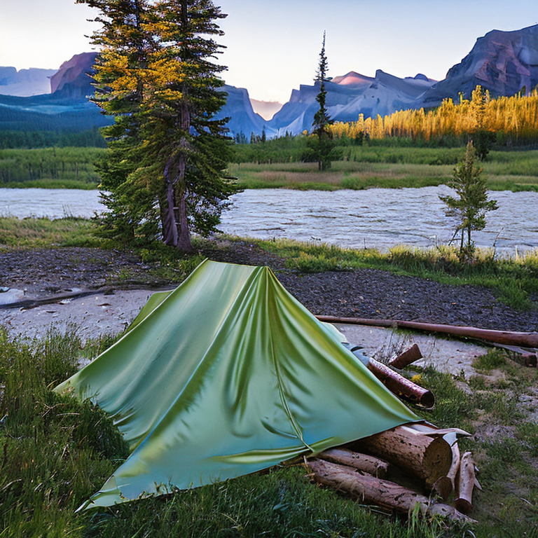 A cozy tent rests beside a crackling campfire in Glacier National Park. A clear stream winds through the tall grass, while warm golden light shines over the campsite. Far away, a camper’s flashlight glows softly.