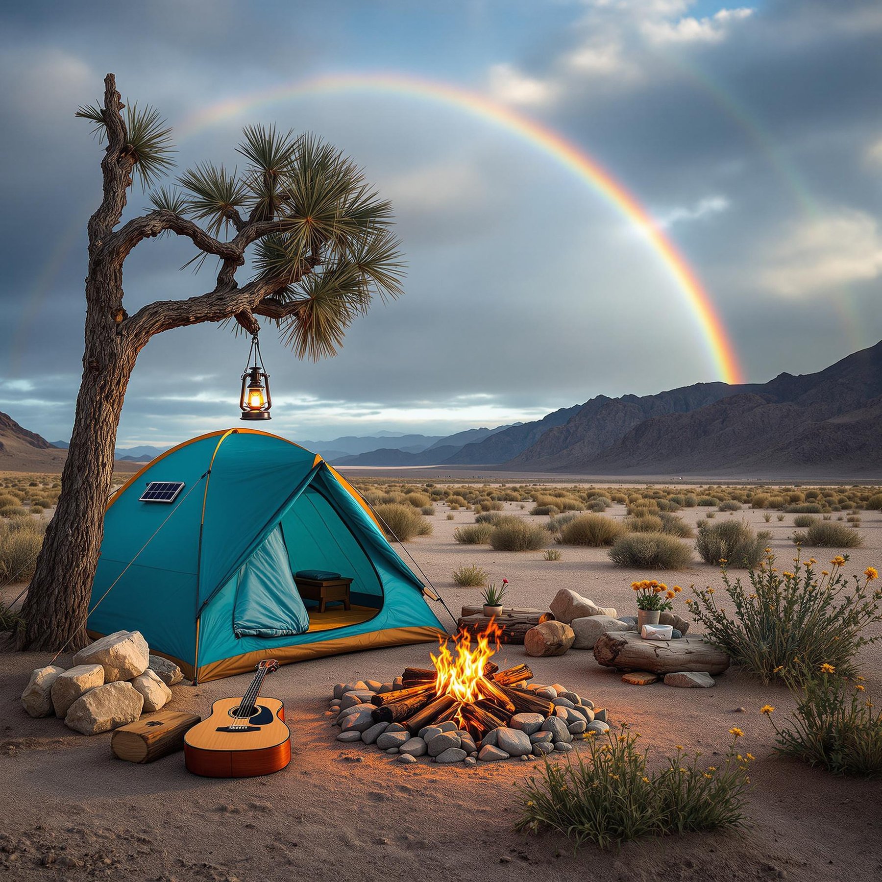 Under a bright rainbow, this cozy campsite glows with a warm campfire and a cheerful blue tent nestled in the desert. A lantern hangs from a quirky tree, lighting up the sandy, wildflower-strewn landscape. It's the perfect place to enjoy nature and maybe strum a guitar as the sun sets behind the mountains.