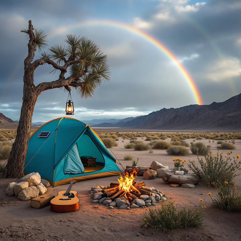 Under a bright rainbow, this cozy campsite glows with a warm campfire and a cheerful blue tent nestled in the desert. A lantern hangs from a quirky tree, lighting up the sandy, wildflower-strewn landscape. It's the perfect place to enjoy nature and maybe strum a guitar as the sun sets behind the mountains.