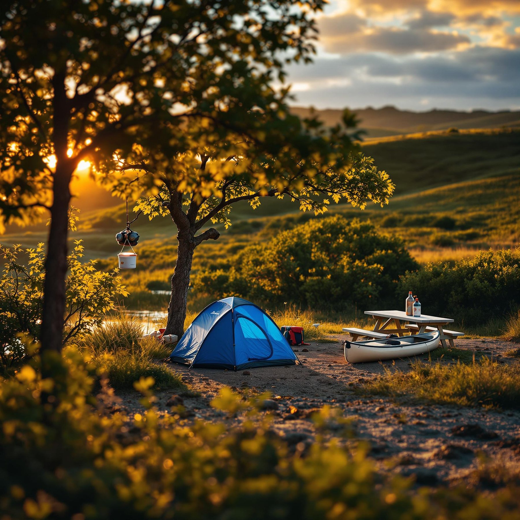 A cozy blue tent sits by a sparkling lake, surrounded by golden sunlit hills. The campsite feels peaceful with a gentle breeze rustling through the trees. A picnic table and a canoe await fun adventures under the clear sky.