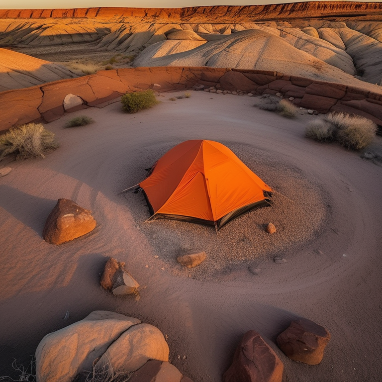 An orange tent rests on a rocky dirt campsite in a petrified forest. Sunset light glows through the rainy sky, with a pale moon shining in the distance. A small parking spot and patches of stone gravel complete this quiet, rugged scene.