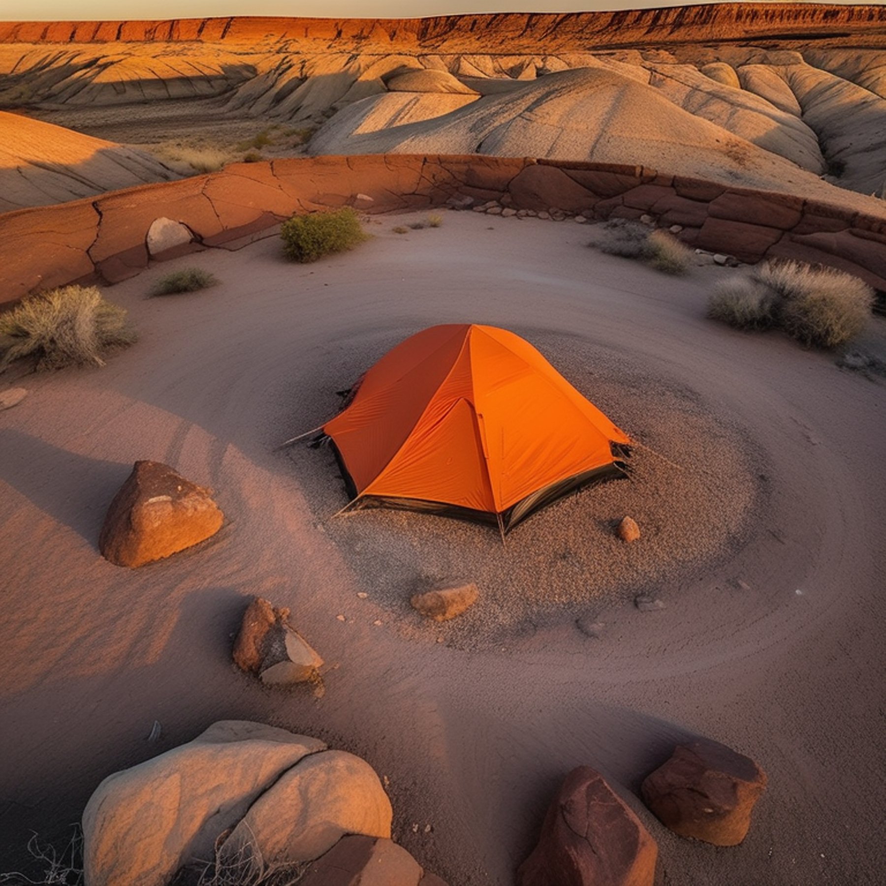 An orange tent rests on a rocky dirt campsite in a petrified forest. Sunset light glows through the rainy sky, with a pale moon shining in the distance. A small parking spot and patches of stone gravel complete this quiet, rugged scene.