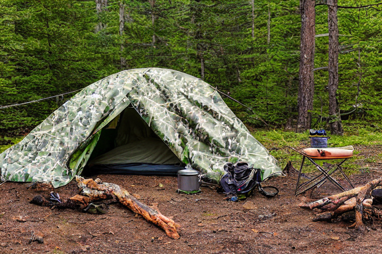 A green camo tent rests beside a quiet campfire in a wooded Upstate New York campsite. A dirt path leads past camping gear, while a deer stands in the distance beneath the cloudy sky.