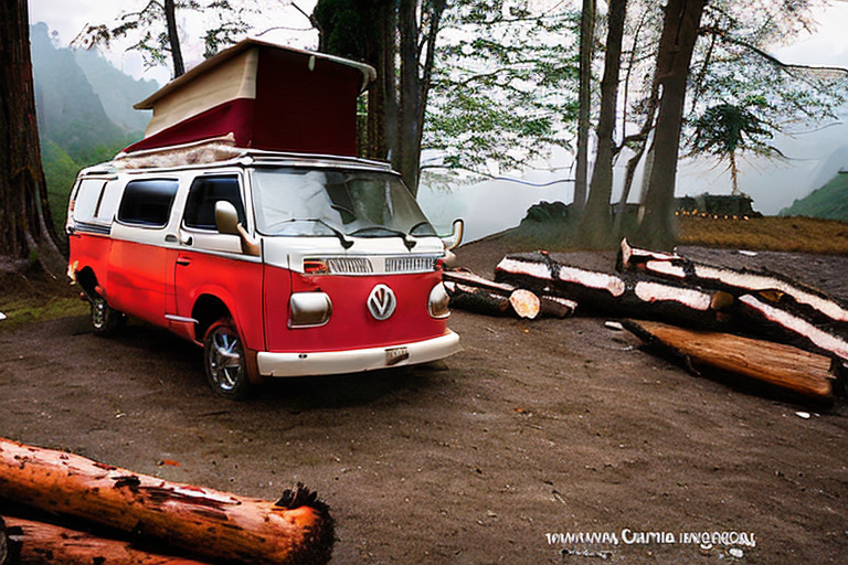 A red-and-white campervan rests beside a small stream in the misty mountains of Zhangjiajie. A stone-ringed campfire warms the gravel clearing, while a hammock hangs between the trees nearby. Stormy skies give the campsite a wild, peaceful feel.
