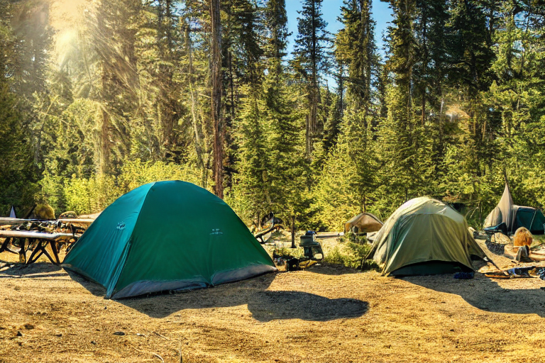 A green tent rests on a paved campsite beside a warm hot spring. Camping chairs sit near a stone-ringed campfire, with large stone slabs and surfers nearby. The evening light creates a calm, welcoming mood.