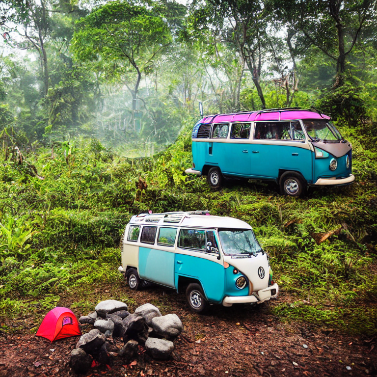 A colorful VW campervan rests beside a warm campfire in foggy Halong Bay. Large trees and rocky boulders surround the dirt campsite, while a small lantern glows nearby. Soft sunrise light adds a peaceful feeling.