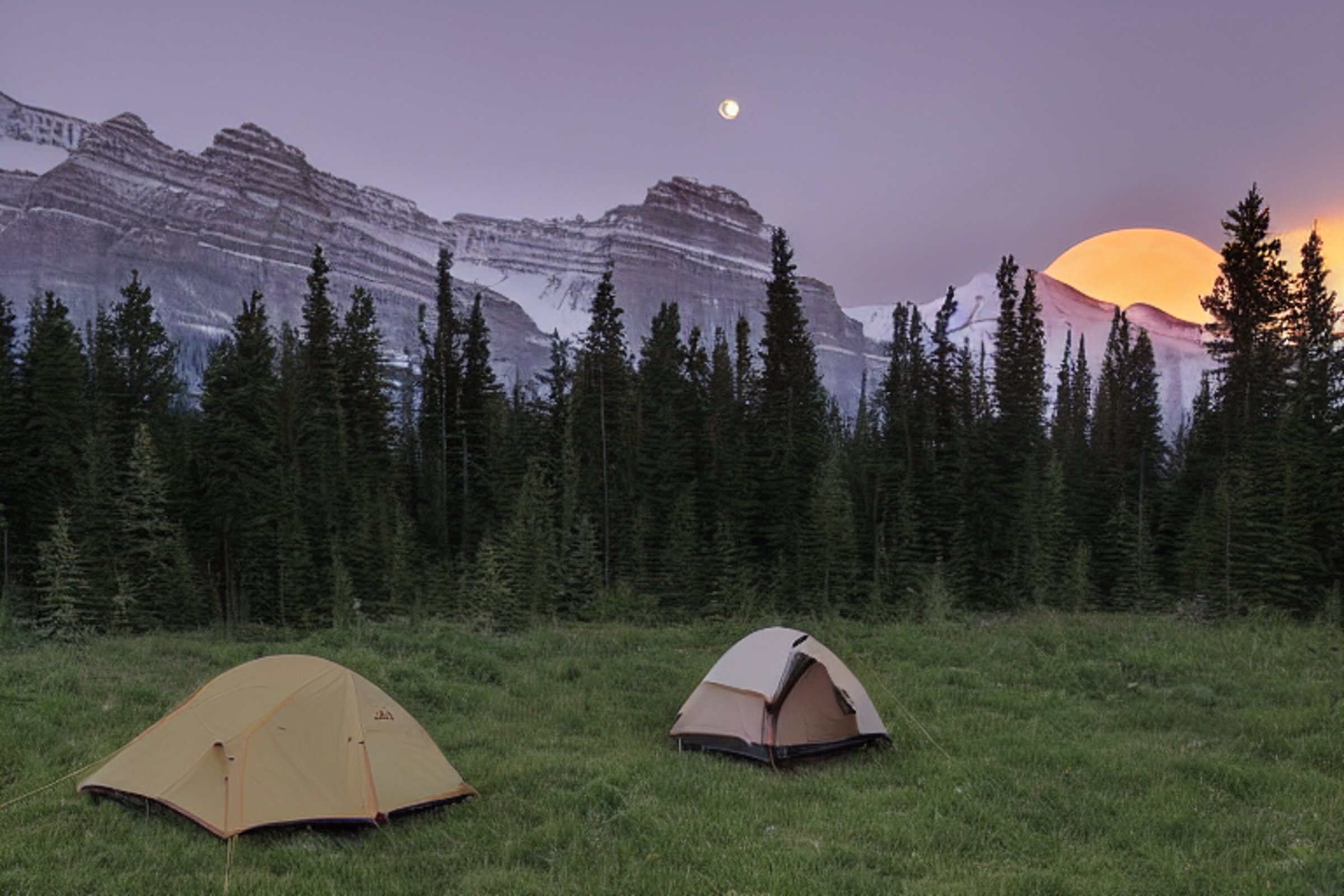 A green and tan tent rests beside a warm campfire on a quiet dirt clearing in Banff National Park. Small trees, soft fog, and distant mountains create a peaceful sunrise scene, while a deer wanders far away beneath the fading moon.